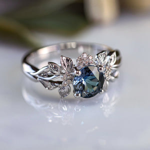 Elenisár Antique Floral Vine Ring with a Teal Sapphire, Blue Sapphire Engagement ring
