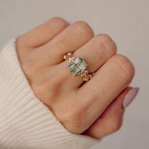 Nature Inspired Emerald Cut Moss Agate Engagement Ring