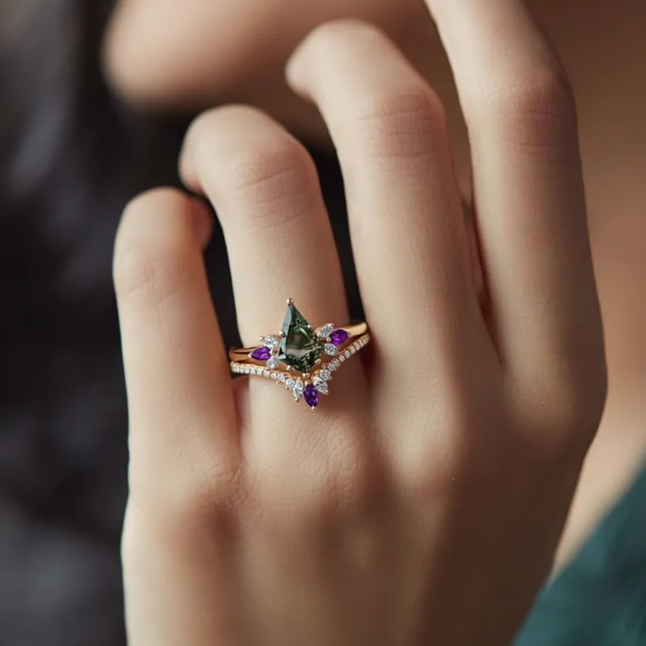 Butterfly Fairy - Unique Kite Cut Moss Agate & Amethyst Engagement Ring Set 2pcs