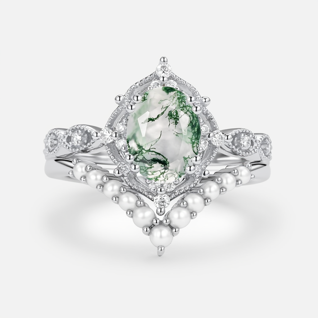 Slate Oval Cut Moss Agate & Pearl Vintage Gold Ring Set 2pcs