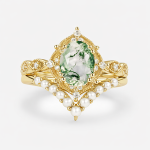Slate Oval Cut Moss Agate & Pearl Vintage Gold Ring Set 2pcs