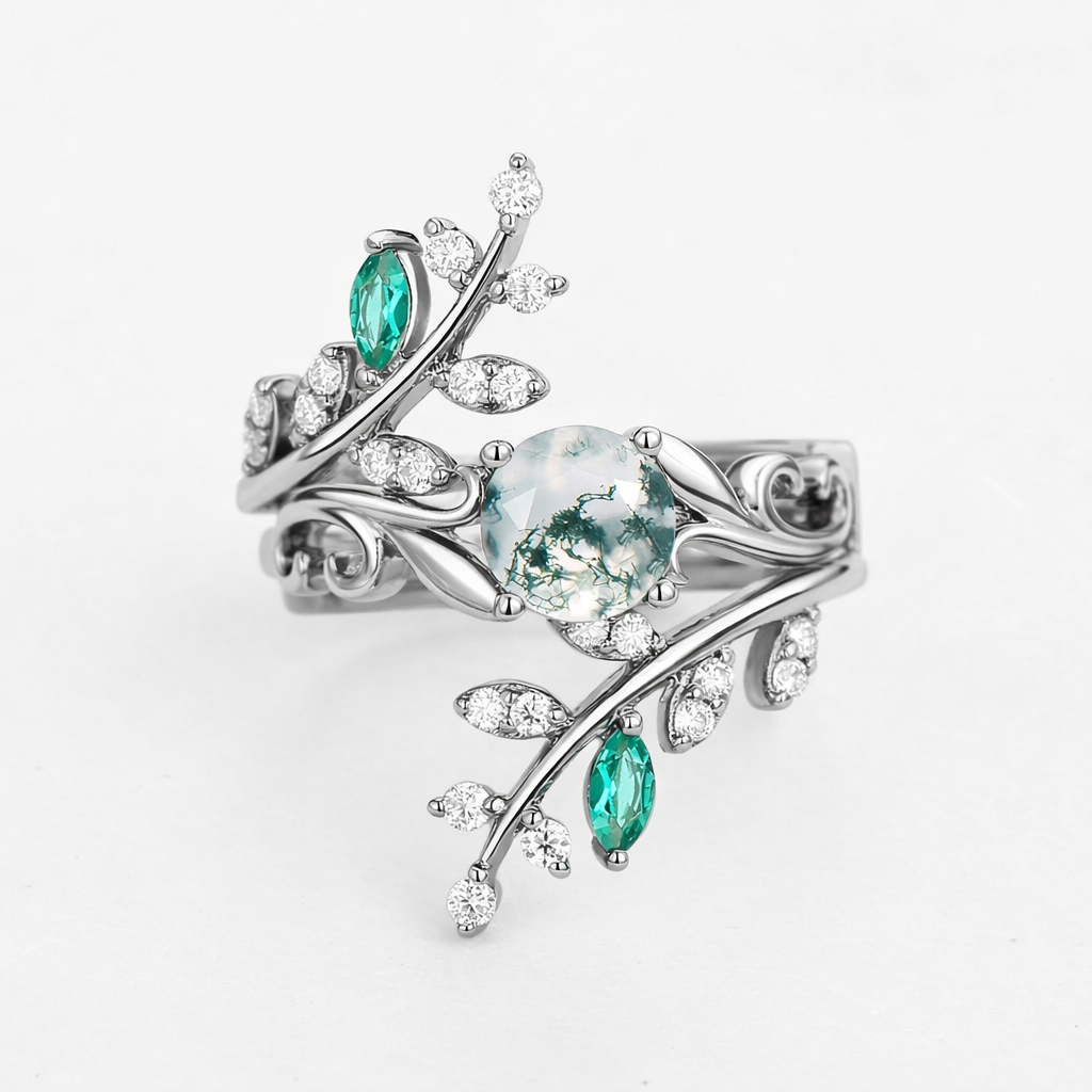 Forest Bloom – Round Cut Moss Agate & Emerald Bridal Set 2pcs