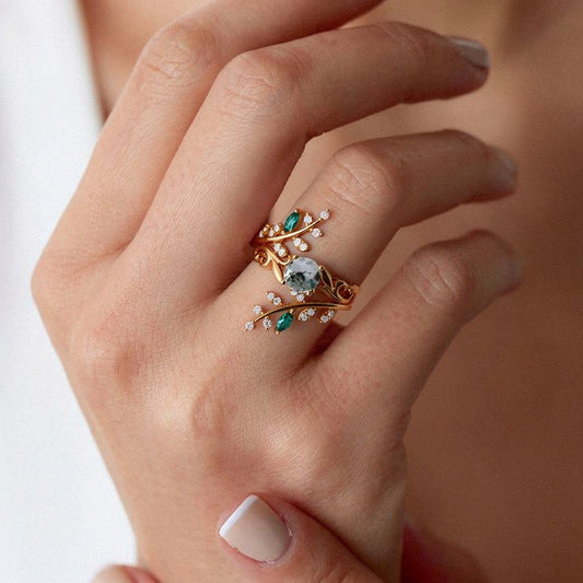 Forest Bloom – Round Cut Moss Agate & Emerald Bridal Set 2pcs