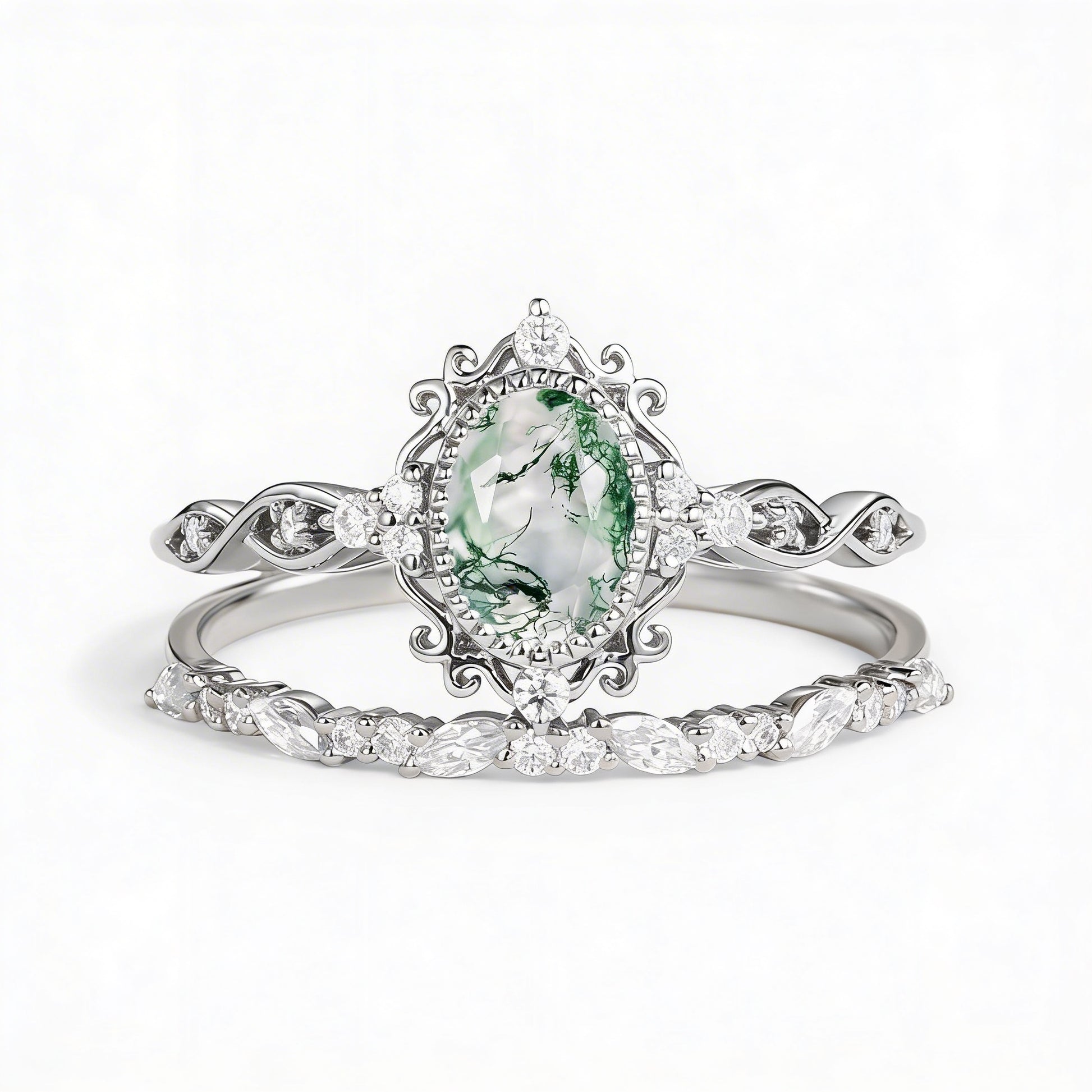 Margaret's Garden – Oval Cut Vintage Moss Agate Bridal Set 2pcs