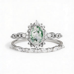 Margaret's Garden – Oval Cut Vintage Moss Agate Bridal Set 2pcs