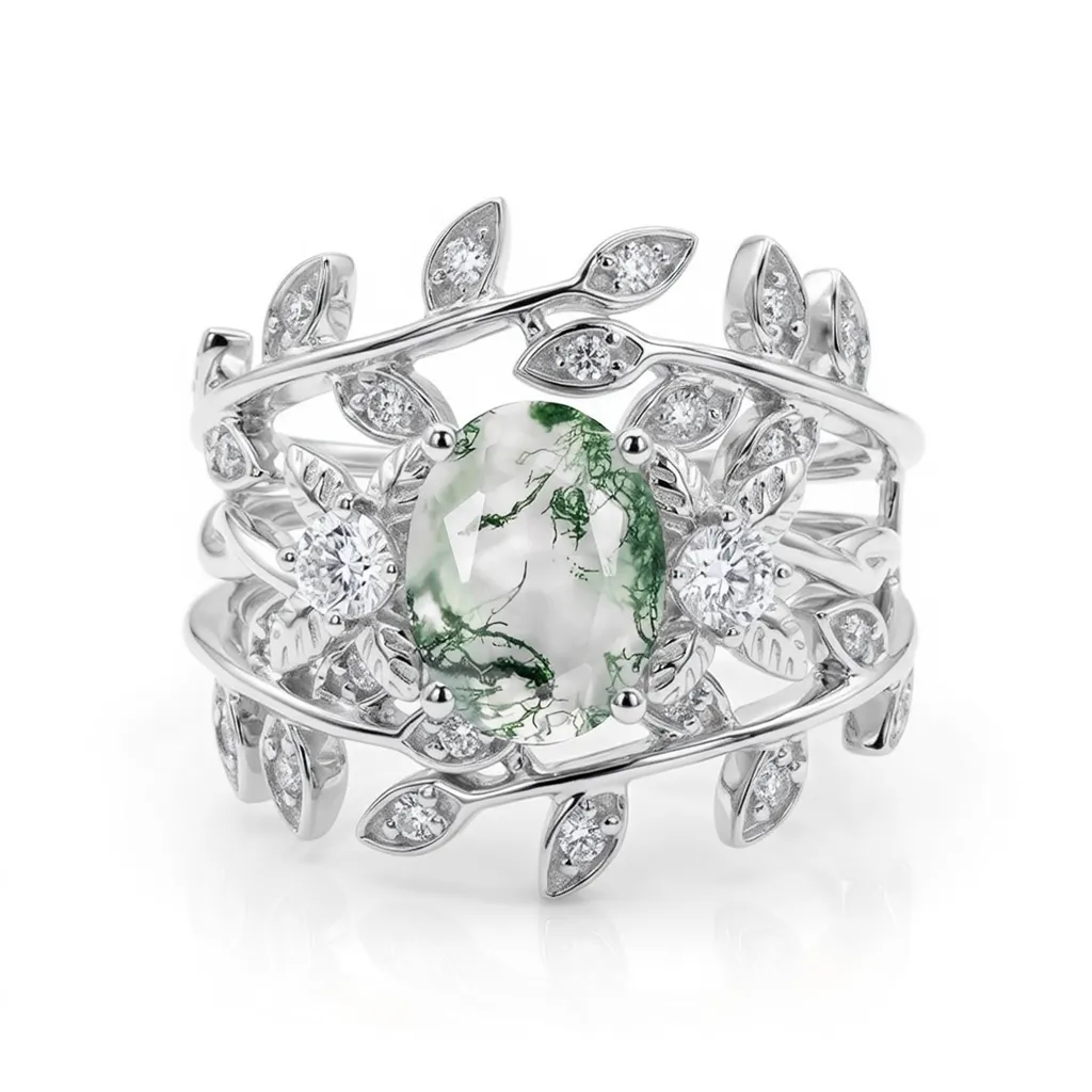 Léonie Oval Cut Moss Agate Leafy Gold Couple Ring Set