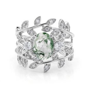 Léonie Oval Cut Moss Agate Leafy Gold Couple Ring Set