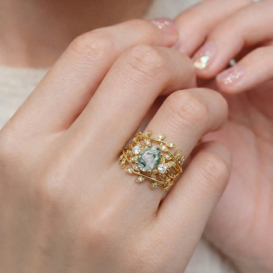 Léonie Oval Cut Moss Agate Leafy Gold Couple Ring Set