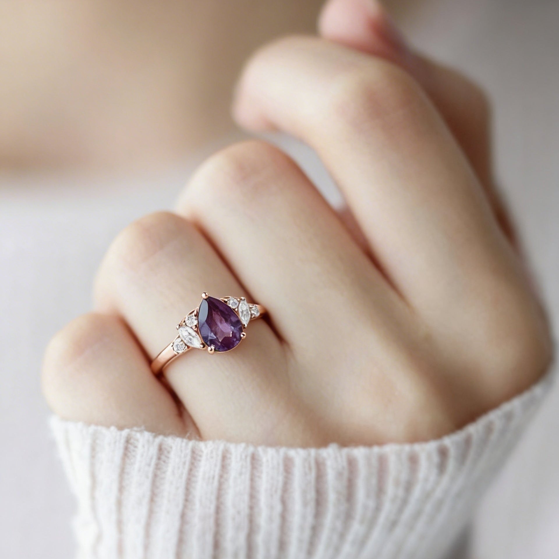Pear Shaped Lab Alexandrite Rose Gold Ring