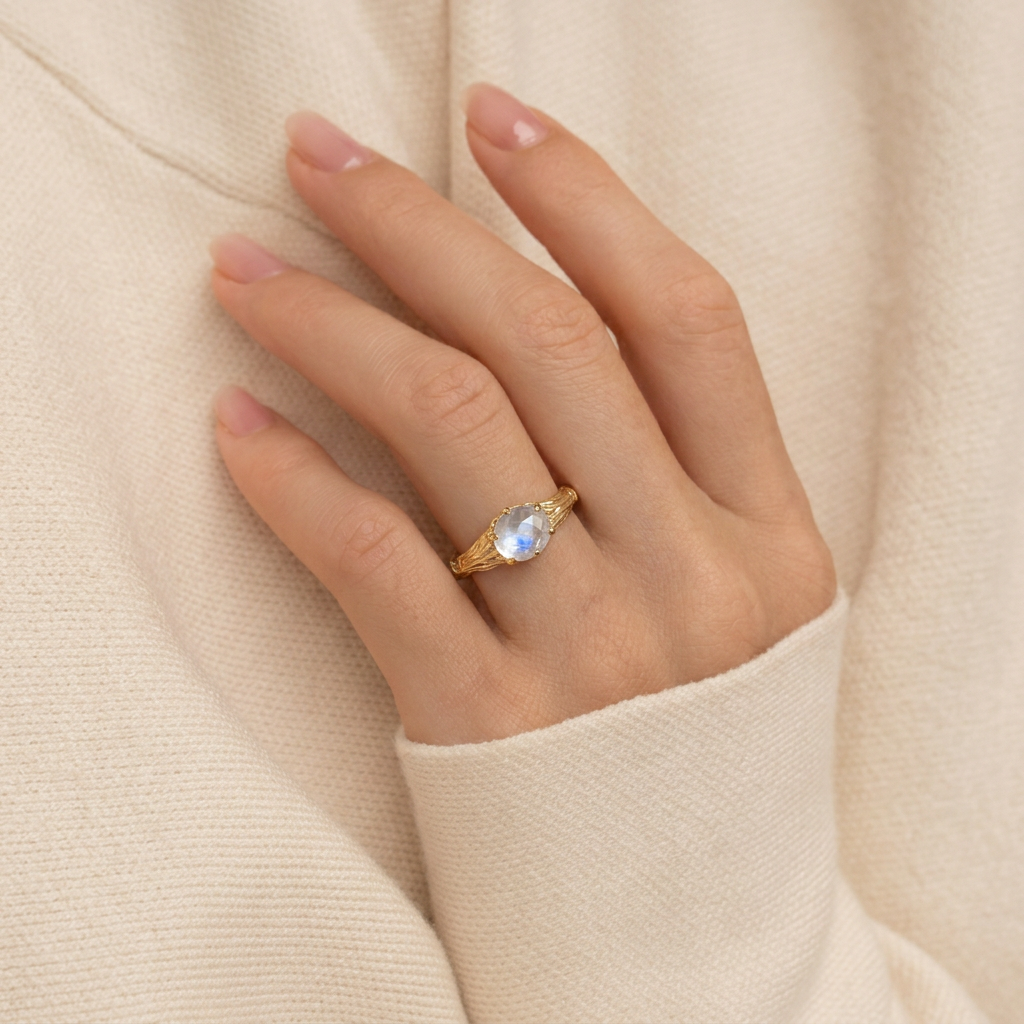 Moonstone & Olive Vine Ring – Solid Gold Solitaire Engagement Band