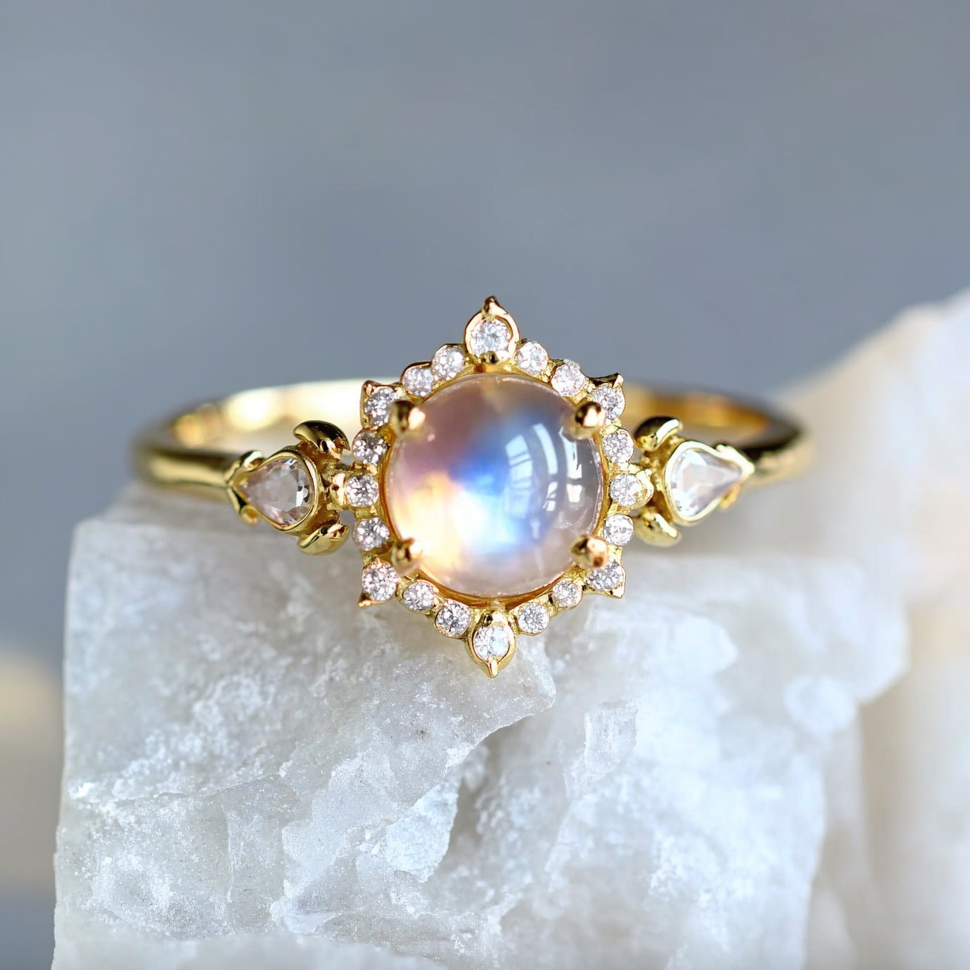 Lunar Cabochon Halo Ring – Vintage Moonstone & Diamond Engagement Ring
