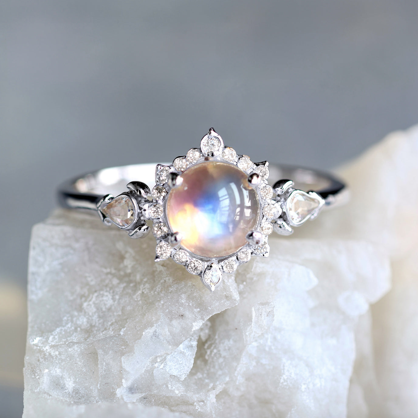 Lunar Cabochon Halo Ring – Vintage Moonstone & Diamond Engagement Ring