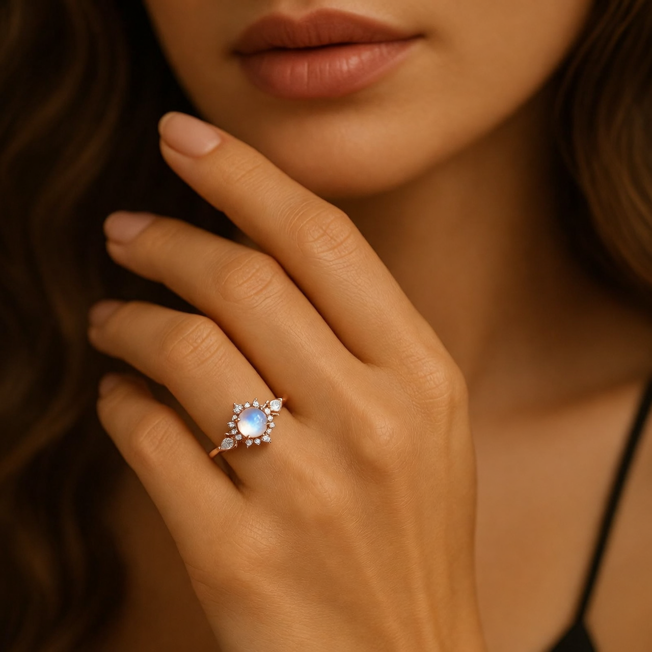 Lunar Cabochon Halo Ring – Vintage Moonstone & Diamond Engagement Ring