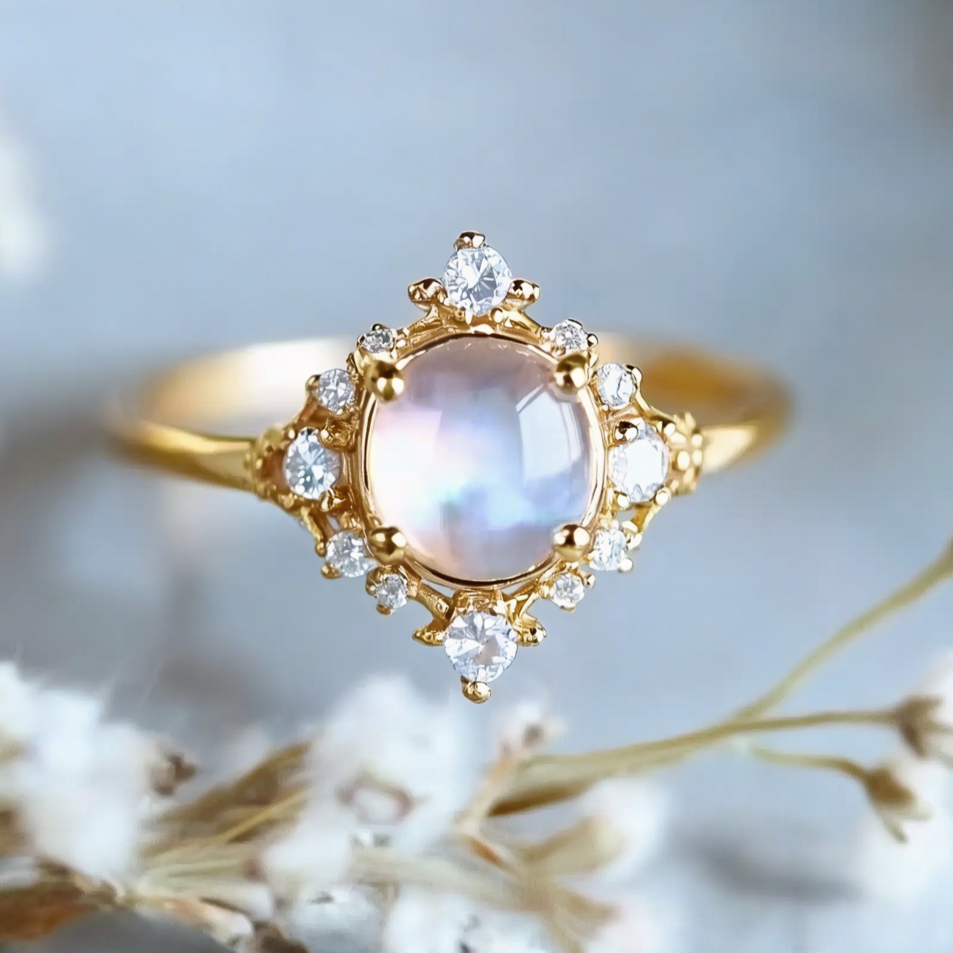 The Eternal Stars Engagement Ring – Cabochon Moonstone & Graduated Diamond Halo