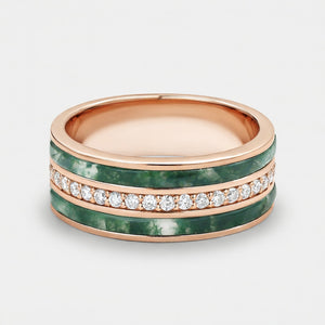 The Majestic Keystone | Wide Moss Agate & Diamond Wedding Band