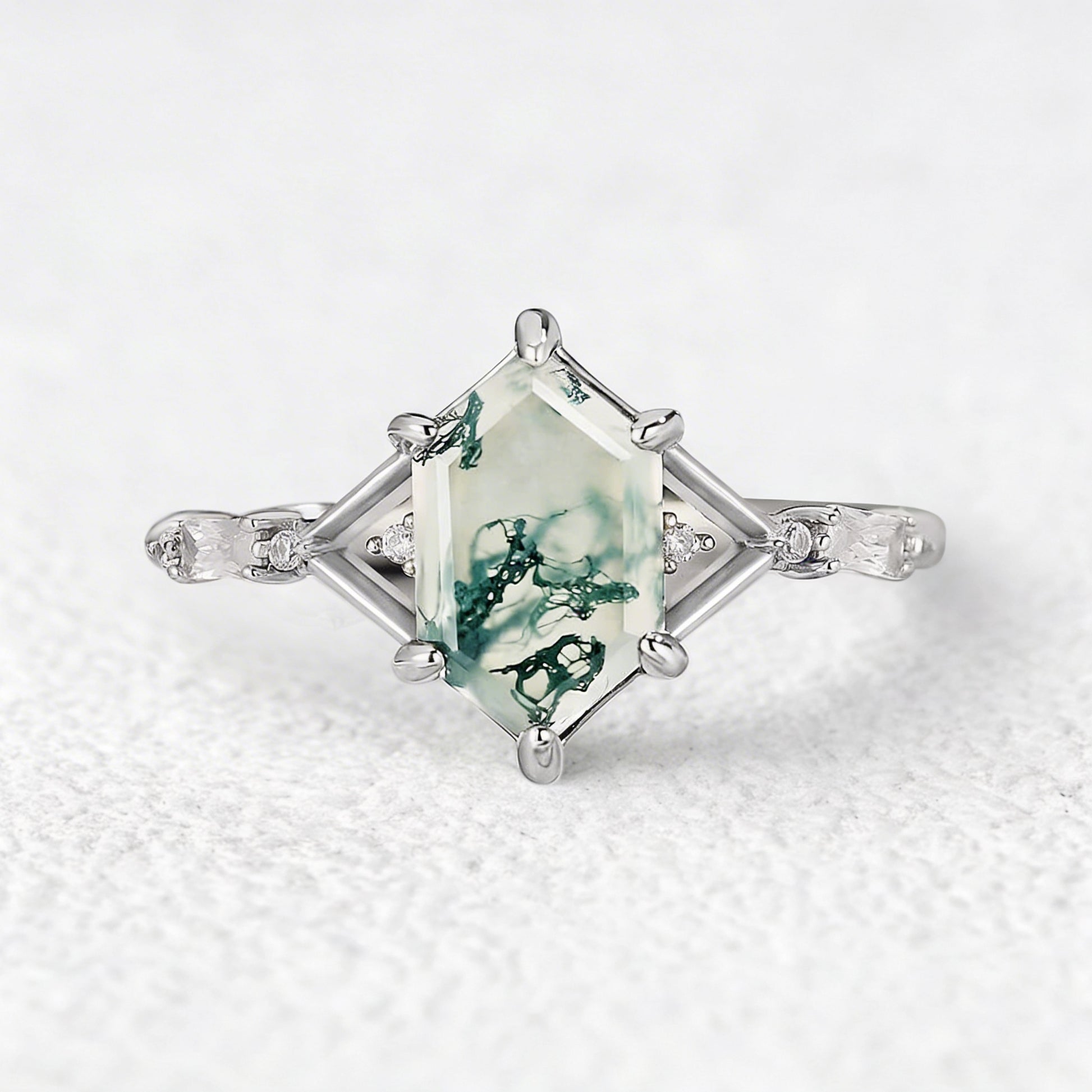 Nature Inspired Hexagon Cut Moss Agate Engagement Ring
