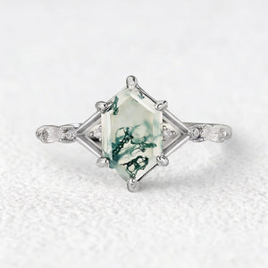 Nature Inspired Hexagon Cut Moss Agate Engagement Ring