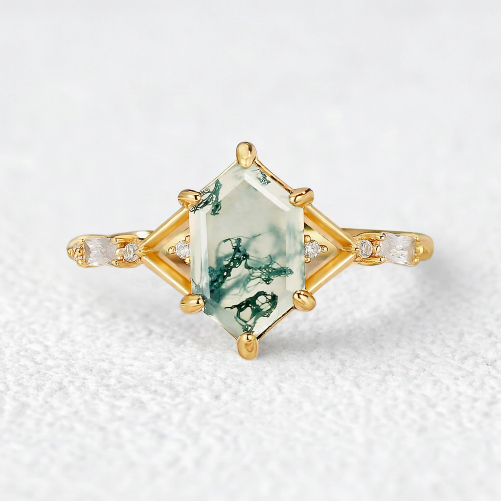 Nature Inspired Hexagon Cut Moss Agate Engagement Ring