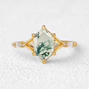 Nature Inspired Hexagon Cut Moss Agate Engagement Ring