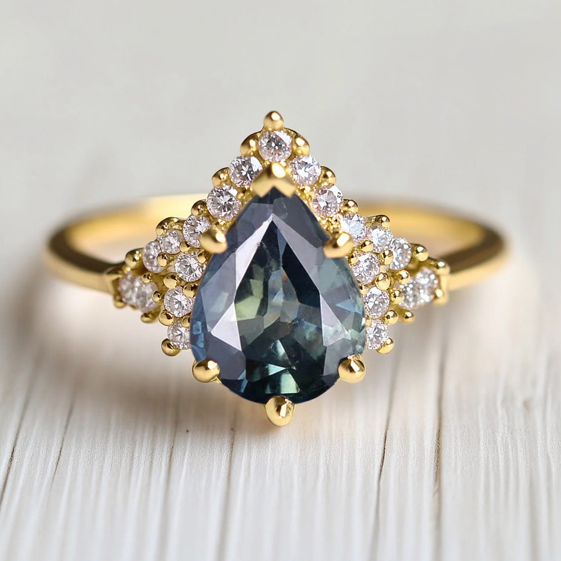 Love Parade Pear-Shaped Sapphire & Partial Diamond Halo Ring, Blue Sapphire Engagement Ring, Sapphire Wedding Ring
