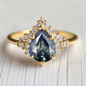 Love Parade Pear-Shaped Sapphire & Partial Diamond Halo Ring, Blue Sapphire Engagement Ring, Sapphire Wedding Ring