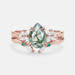 Anya Cluster Pear Shaped Moss Agate Chevron Gold Ring Set 2pcs