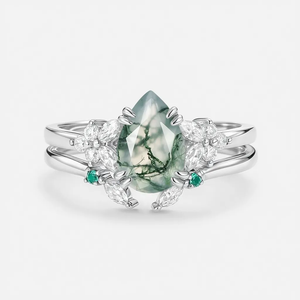 Anya Cluster Pear Shaped Moss Agate Chevron Gold Ring Set 2pcs