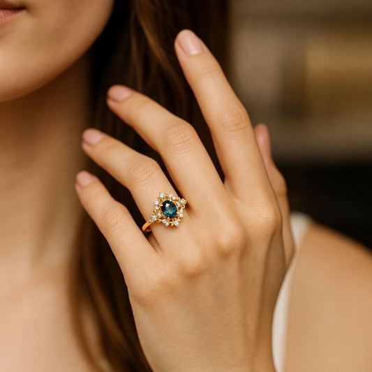 Isis' Crown Ring – Teal Sapphire & Diamond Halo Engagement Ring