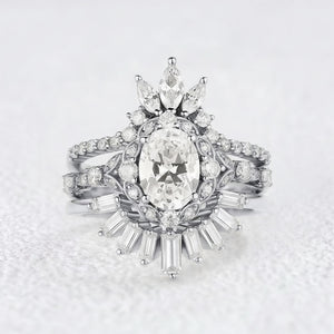 Unique Oval Cut Moissanite Sunflower Engagement Ring Set 3pcs