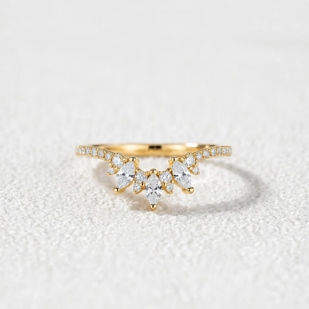 Marquise Cut Moissanite Half Eternity Curved Wedding Band in White Gold