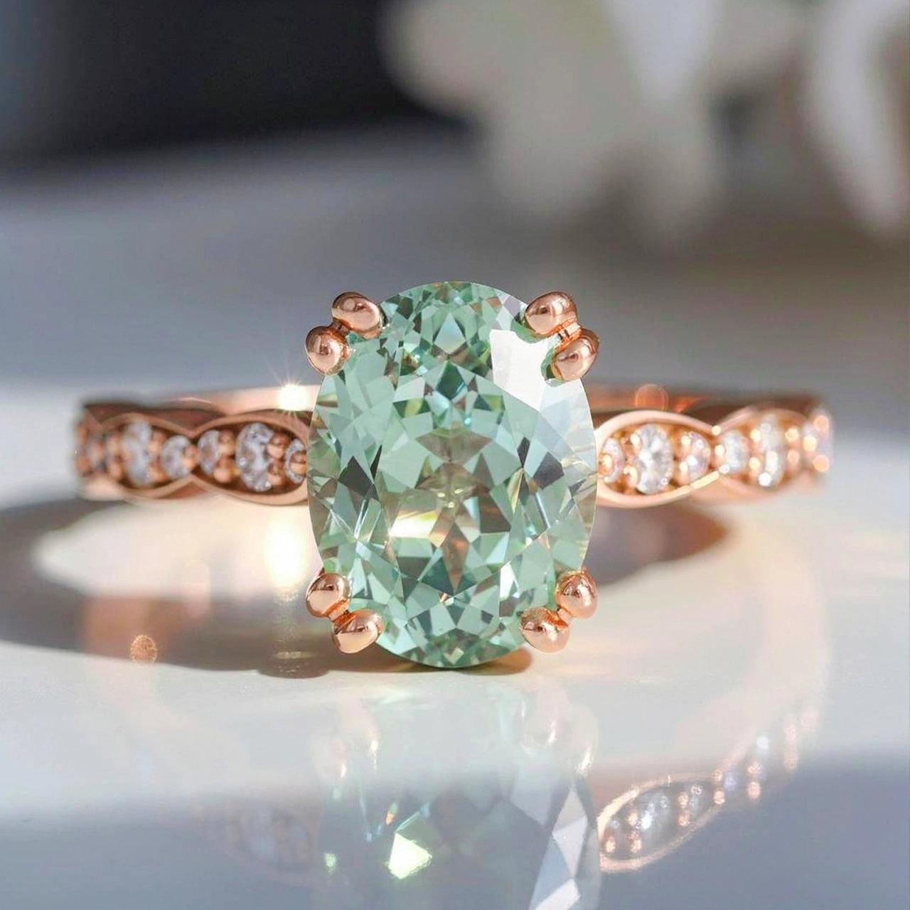 Lydia's Lace – Oval Green Sapphire Engagement Ring with Lace-Trim Diamond Band