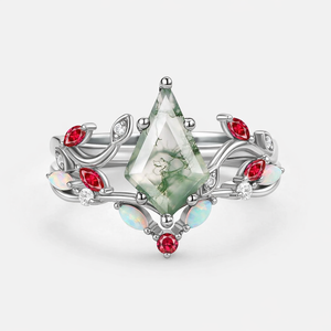 Moss Agate & Opal & Ruby Unique Engagement Ring Set 2pcs