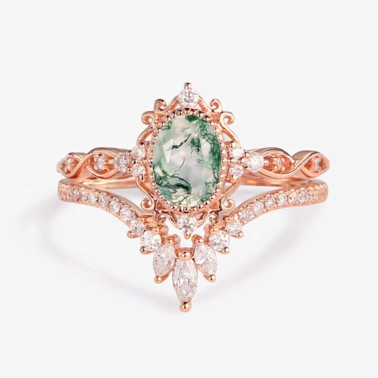 Linden Oval Cut Vintage Moss Agate Engagement Ring Set 2pcs