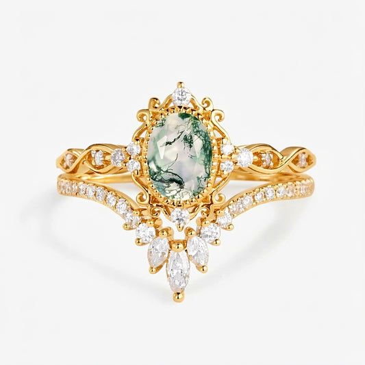 Linden Oval Cut Vintage Moss Agate Engagement Ring Set 2pcs