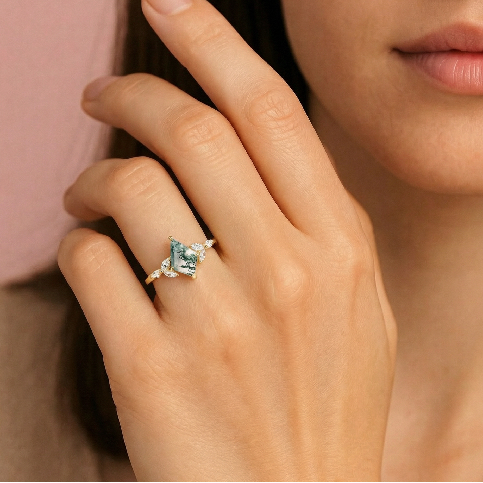 Enchanted Mistwood Kite Cut Moss Agate Ring