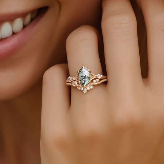 Forest Hexagon – Moss Agate Classic Bridal Set 2pcs