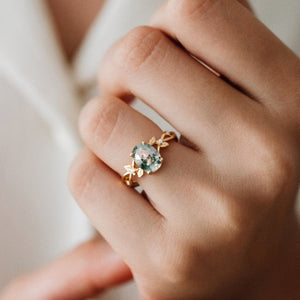 Nature Inspired Oval Cut Moss Agate Leafy Engagement Ring