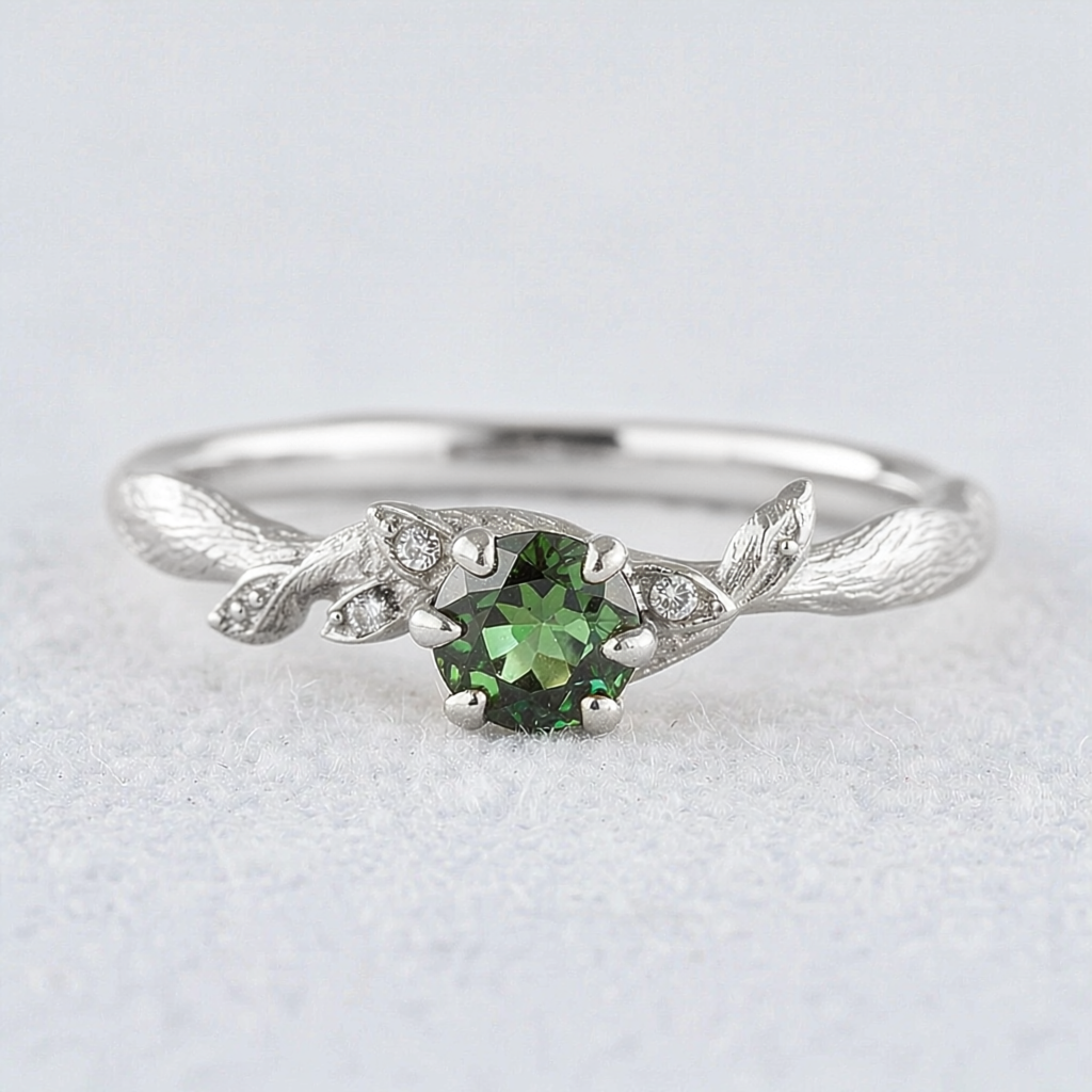 Rare Teal Sapphire Engagement Ring with a Delicate Fairy Leaf Band