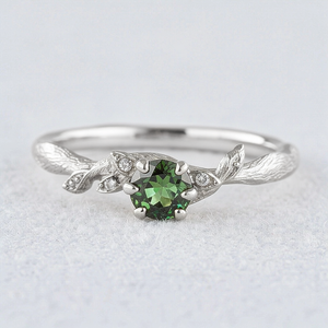 Rare Teal Sapphire Engagement Ring with a Delicate Fairy Leaf Band