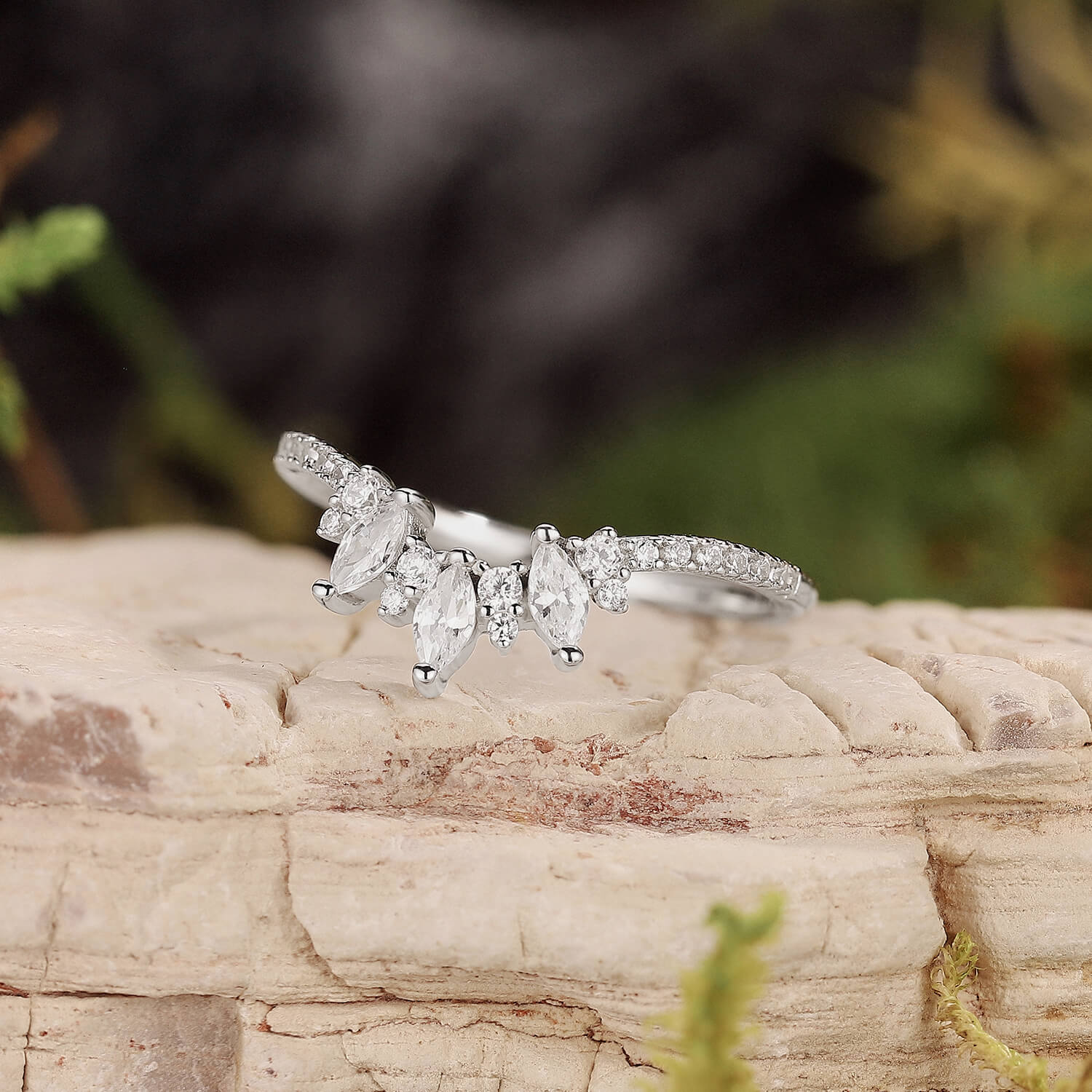 Unique Pear Cut Moss Agate Cluster Engagement Ring Set