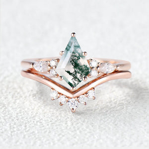 Felicegals Kite Cut Moss Agate Engagement Ring Set 2pcs