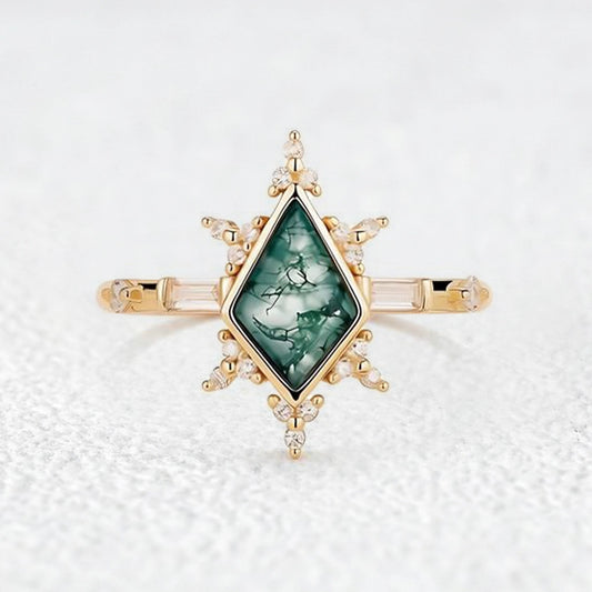 Nature Kite Cut Moss Agate Engagement Ring