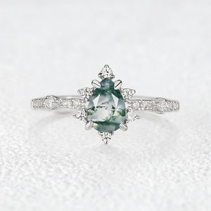 Unique Pear Cut Moss Agate Cluster Engagement Ring