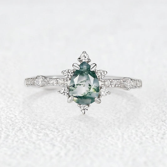 Unique Pear Cut Moss Agate Cluster Engagement Ring