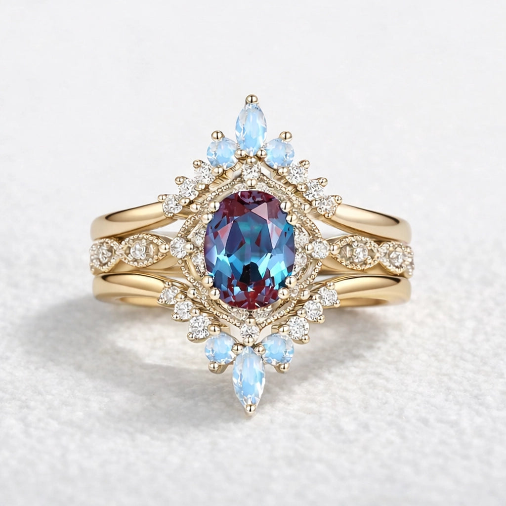 1.5CT Alexandrite Signature Vintage Luna Ring Set 3pcs