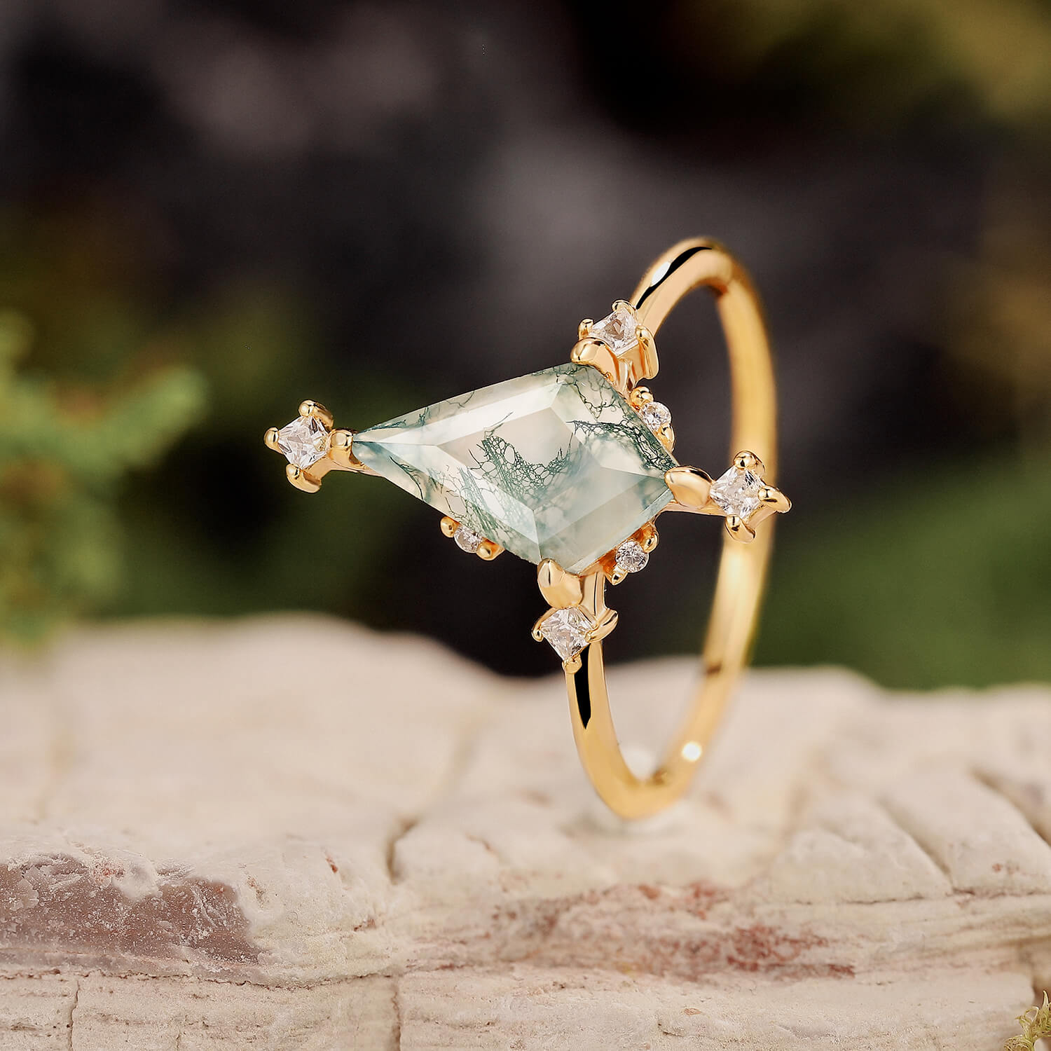 Nature Inspired Kite Cut Moss Agate Engagement Ring