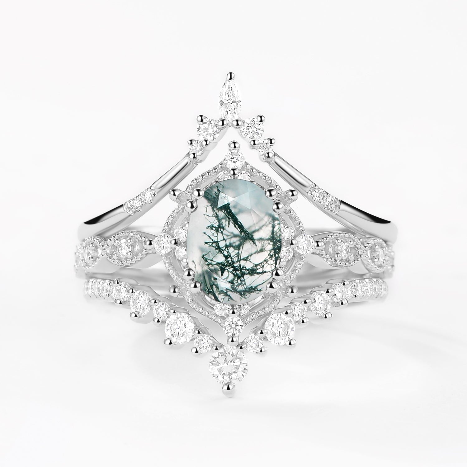 Oval Moss Agate Signature Vintage Ring Set 3pcs