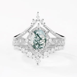 Oval Moss Agate Signature Vintage Ring Set 3pcs