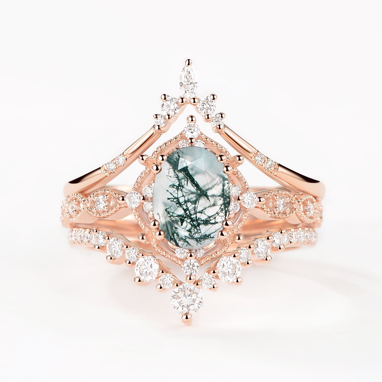 Oval Moss Agate Signature Vintage Ring Set 3pcs