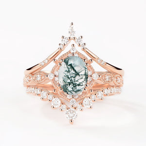 Oval Moss Agate Signature Vintage Ring Set 3pcs